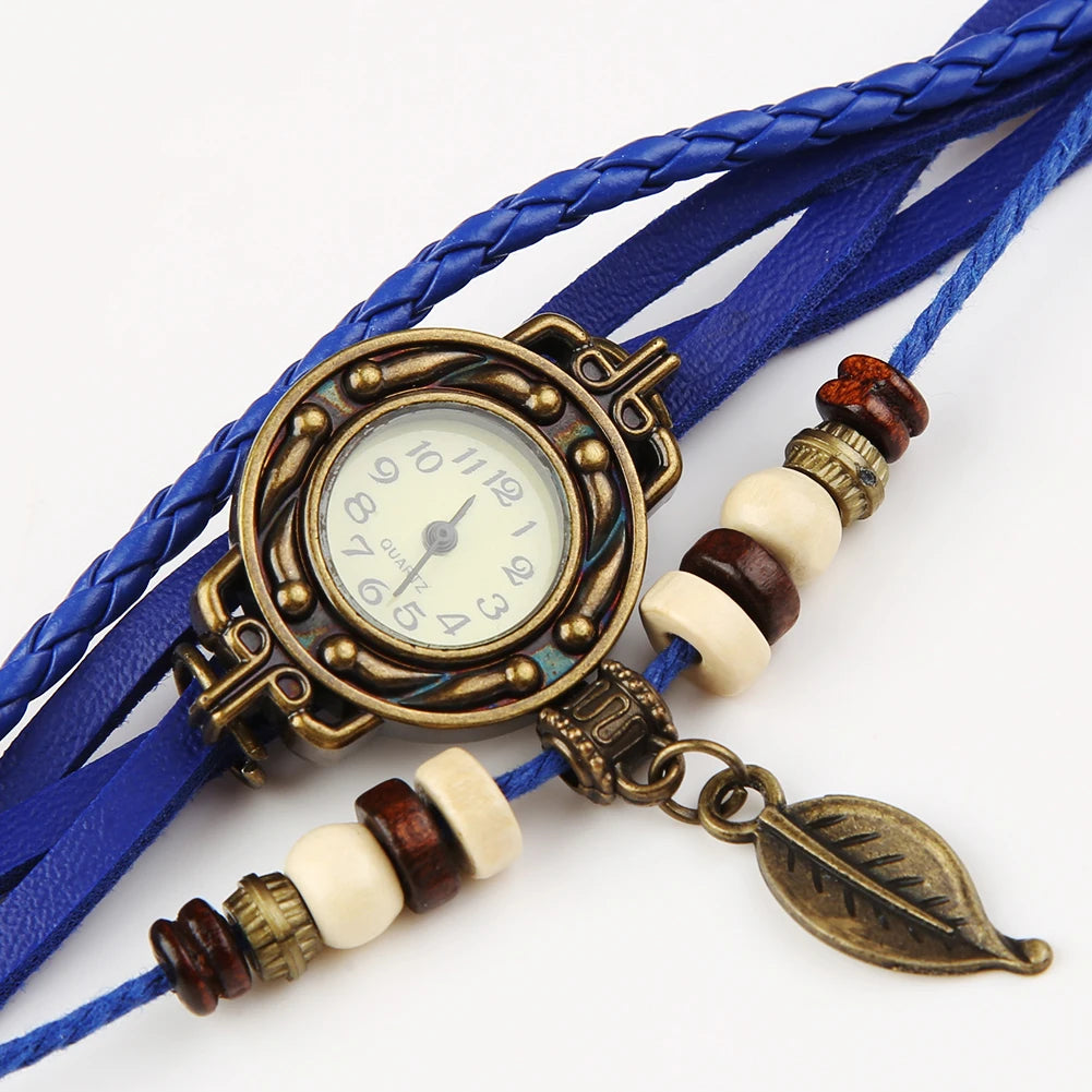 Montre-Bracelet Vintage en Faux cuir pour femmes, à Quartz, pendentif feuille d'arbre, tissage, Bracelet
