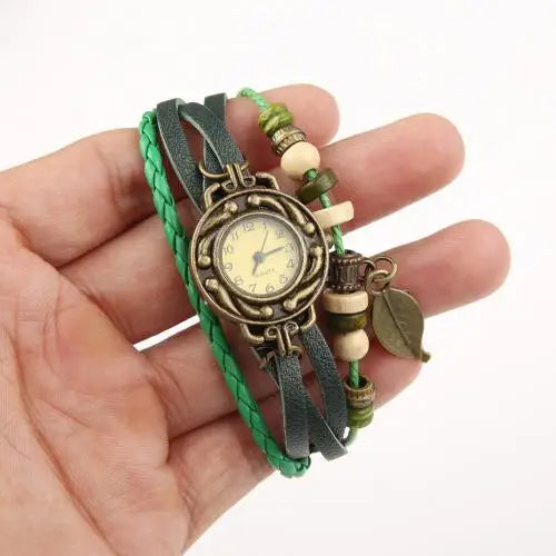 Montre-Bracelet Vintage en Faux cuir pour femmes, à Quartz, pendentif feuille d'arbre, tissage, Bracelet