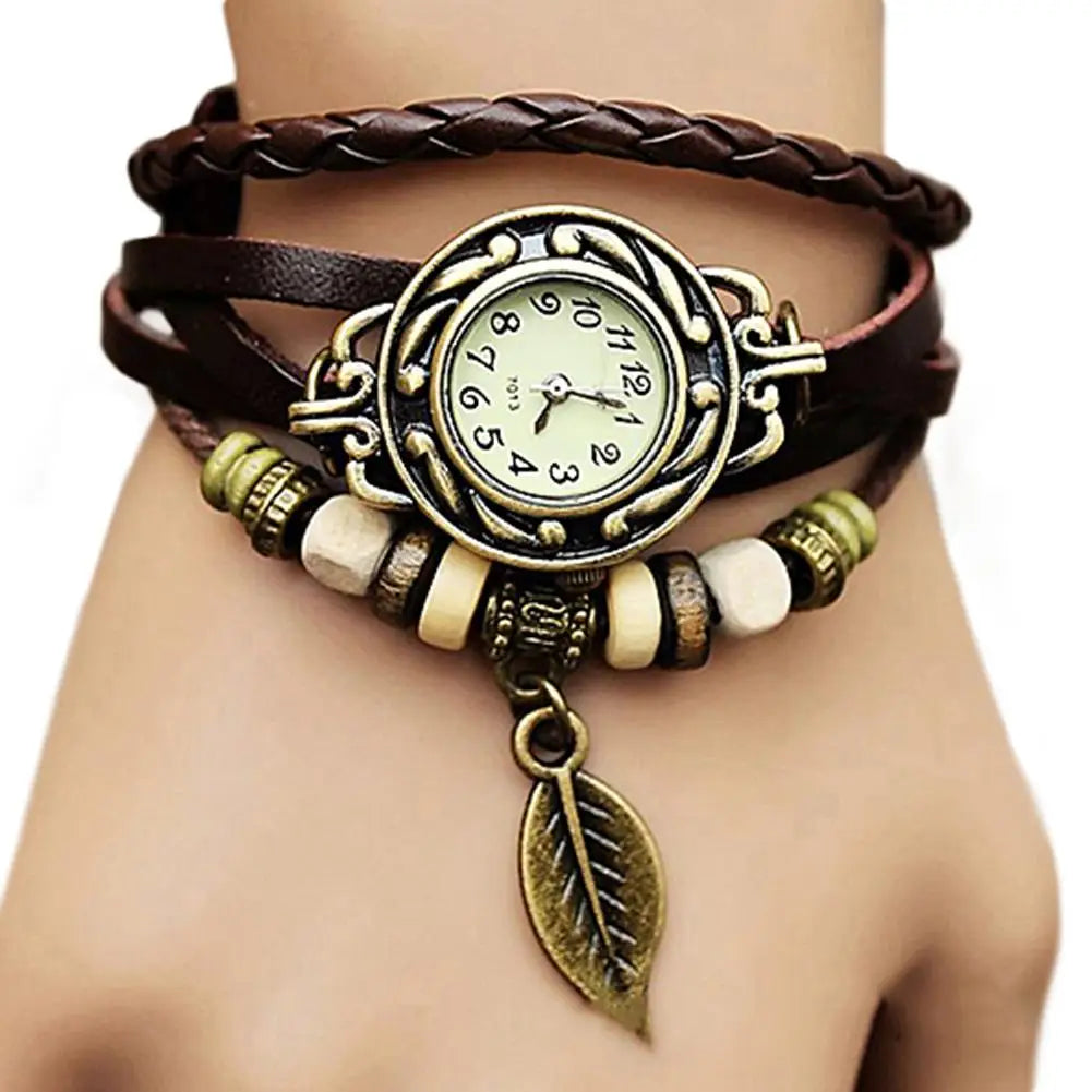 Montre-Bracelet Vintage en Faux cuir pour femmes, à Quartz, pendentif feuille d'arbre, tissage, Bracelet