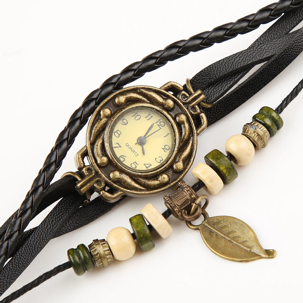 Montre-Bracelet Vintage en Faux cuir pour femmes, à Quartz, pendentif feuille d'arbre, tissage, Bracelet