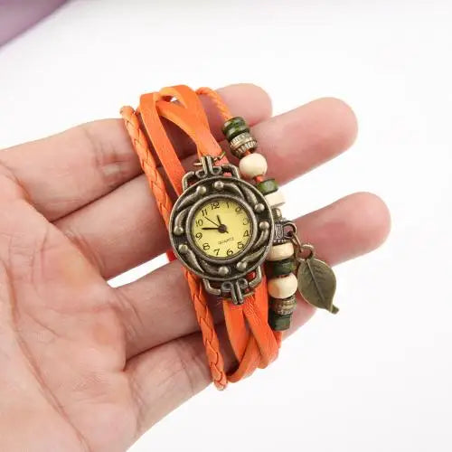 Montre-Bracelet Vintage en Faux cuir pour femmes, à Quartz, pendentif feuille d'arbre, tissage, Bracelet