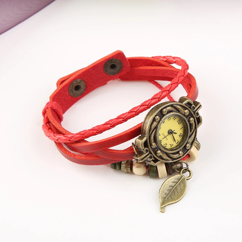 Montre-Bracelet Vintage en Faux cuir pour femmes, à Quartz, pendentif feuille d'arbre, tissage, Bracelet