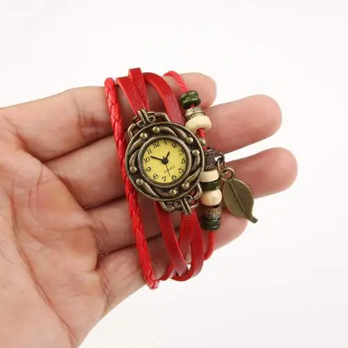 Montre-Bracelet Vintage en Faux cuir pour femmes, à Quartz, pendentif feuille d'arbre, tissage, Bracelet