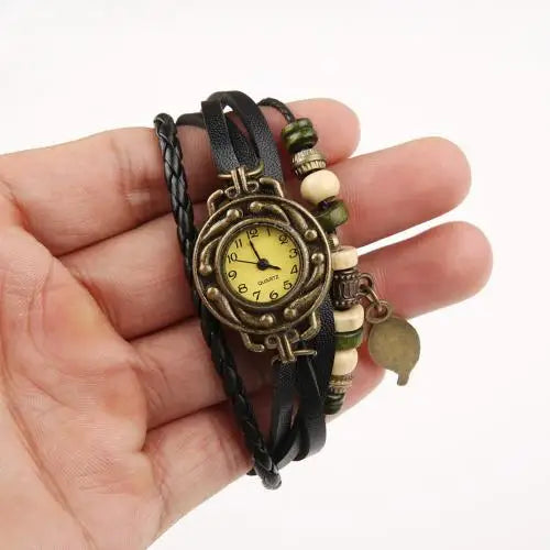 Montre-Bracelet Vintage en Faux cuir pour femmes, à Quartz, pendentif feuille d'arbre, tissage, Bracelet