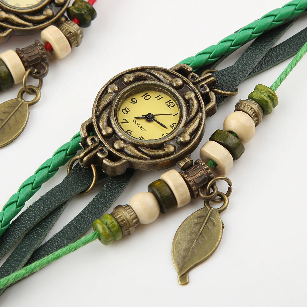 Montre-Bracelet Vintage en Faux cuir pour femmes, à Quartz, pendentif feuille d'arbre, tissage, Bracelet