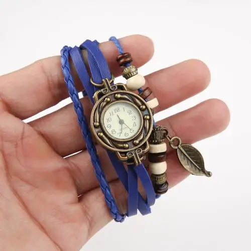 Montre-Bracelet Vintage en Faux cuir pour femmes, à Quartz, pendentif feuille d'arbre, tissage, Bracelet
