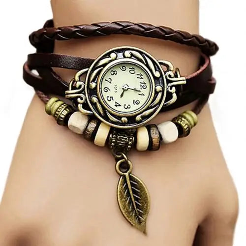 Montre-Bracelet Vintage en Faux cuir pour femmes, à Quartz, pendentif feuille d'arbre, tissage, Bracelet