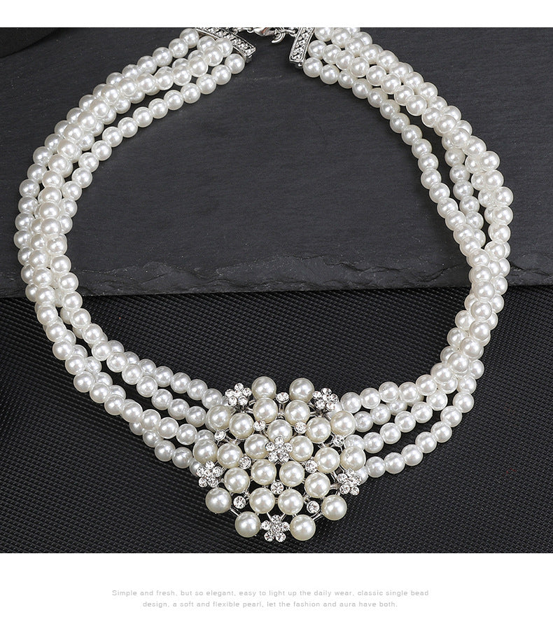Cross-border Jewelry suit Women's Multi-row Pearl Necklace Earrings Three-piece Bridal Wedding Dress Accessories All-match Factory