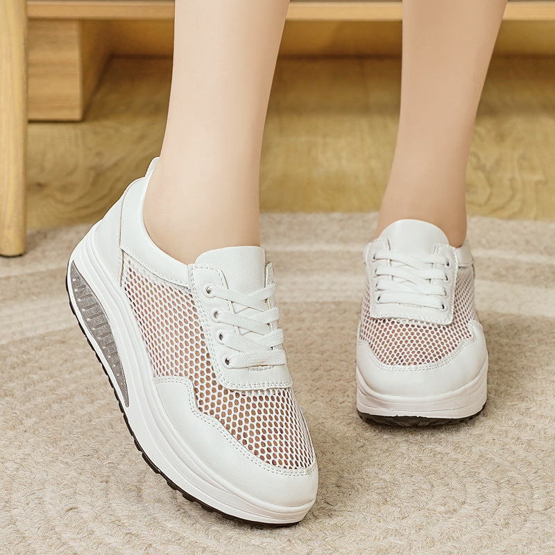 Baskets blanches populaires pour femme : modèle « rocking » (semelle incurvée) respirant – Idéales pour le sport et la marche (printemps/automne) – Semelles épaisses
