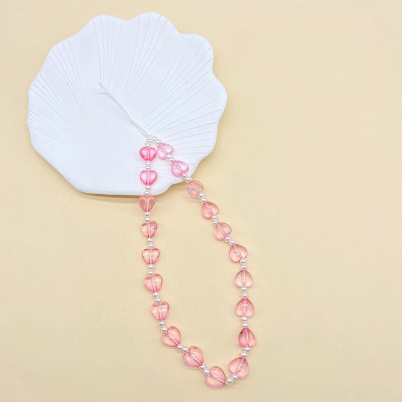 Pink Heart Love Pearl Beaded Mobile Phone Chain Girl's Heart Sweet and Cute Anti-lost Mobile Phone Lanyard Neck