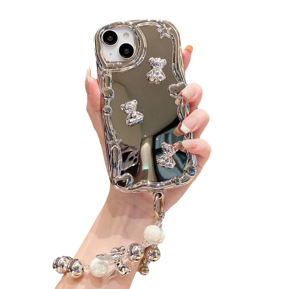 Electroplated Mirror iPhone16 Phone Case Love Bracelet Apple 15 Silver Bear 14 Anti-drop 13 Soft Case