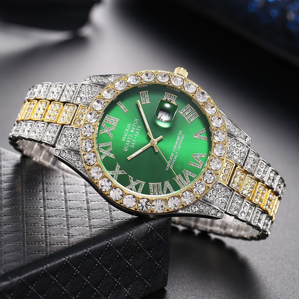 [Bross-Border Hot Item] 16-Piece Set of Various Diamond-Encrusted Watches, Diamond-Shaped Cuban Bracelets and Necklaces, Three-Piece Set