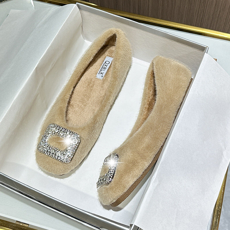 Nouvelles chaussures d'hiver fourrées pour femmes (2025) – Style coréen, bout carré, doublure en polaire et détails en strass, chaussures en coton pour femmes