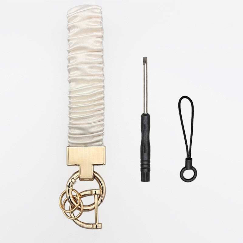 Long Mobile Phone Lanyard with a Neck-Hanging Design, Handmade Sturdy Pleated Fabric Phone Strap with Metal Buckle and Elastic Decorative Chain