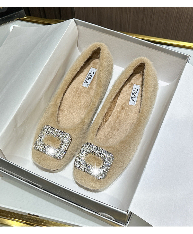 Nouvelles chaussures d'hiver fourrées pour femmes (2025) – Style coréen, bout carré, doublure en polaire et détails en strass, chaussures en coton pour femmes