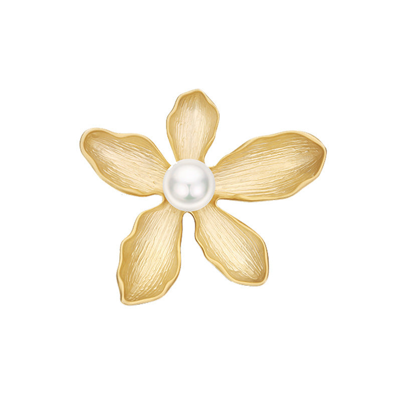 Broche rétro fleur à cinq pétales pour femme – Corsage simple avec perle – Épingle élégante (anti-décolleté) – Accessoire vestimentaire