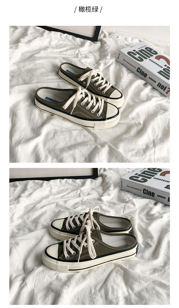 Mules en toile pour femme – Style coréen polyvalent 2025 – Slip-on sans talon façon « chaussons » tendance pour étudiantes