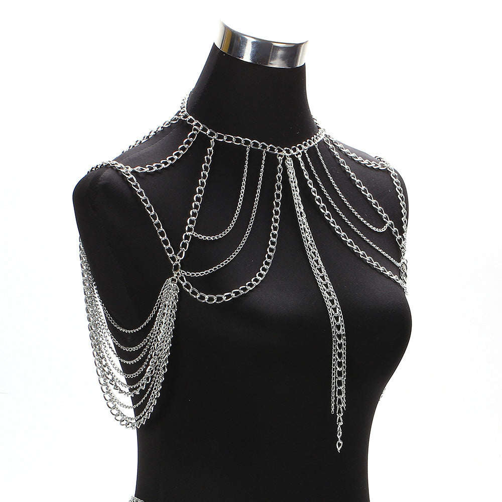 Cross-border explosive jewelry ladies sexy multilayer metal aluminum chain tassel neck chain waist chain set of body chain accessories
