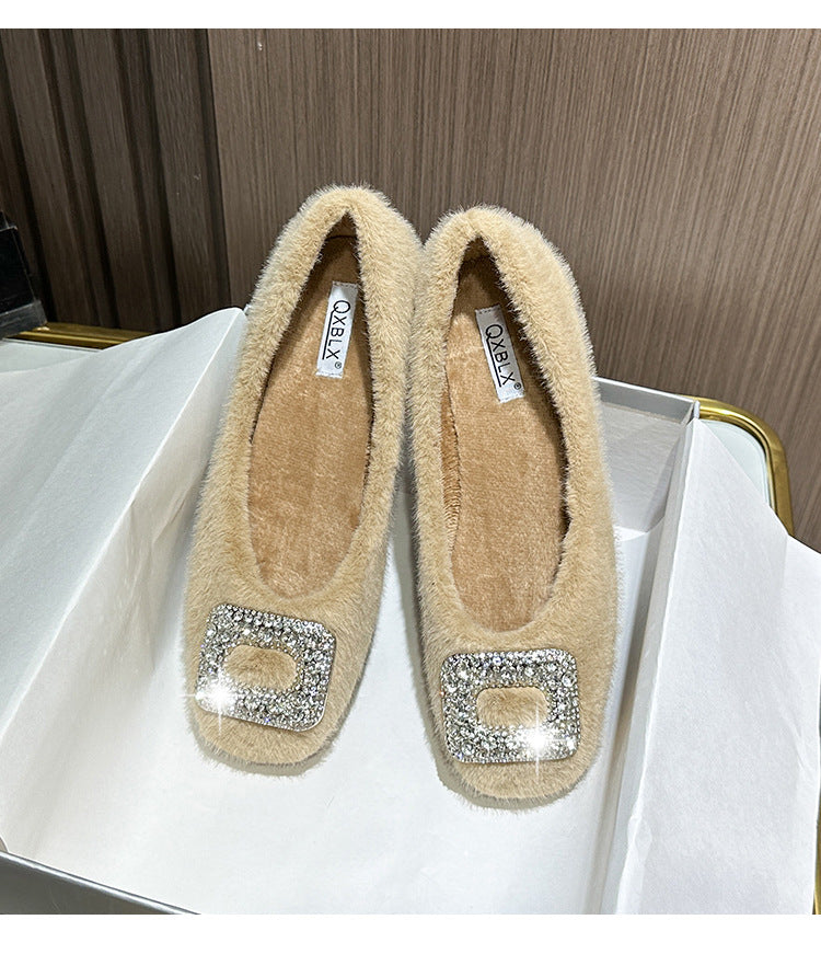 Nouvelles chaussures d'hiver fourrées pour femmes (2025) – Style coréen, bout carré, doublure en polaire et détails en strass, chaussures en coton pour femmes