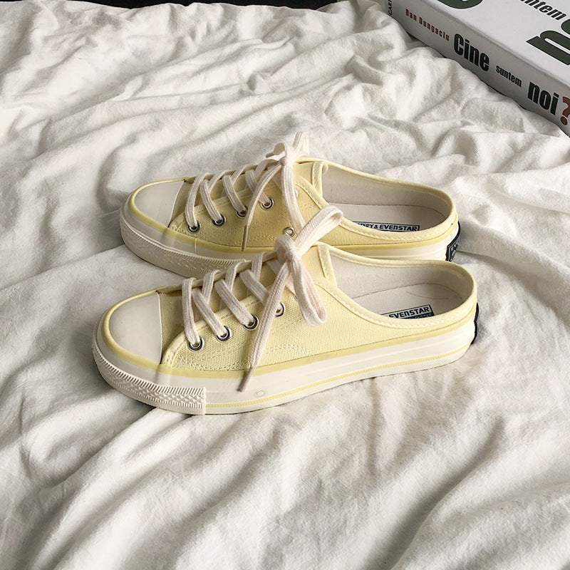 Mules en toile pour femme – Style coréen polyvalent 2025 – Slip-on sans talon façon « chaussons » tendance pour étudiantes