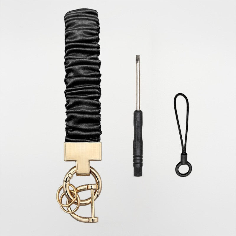 Long Mobile Phone Lanyard with a Neck-Hanging Design, Handmade Sturdy Pleated Fabric Phone Strap with Metal Buckle and Elastic Decorative Chain