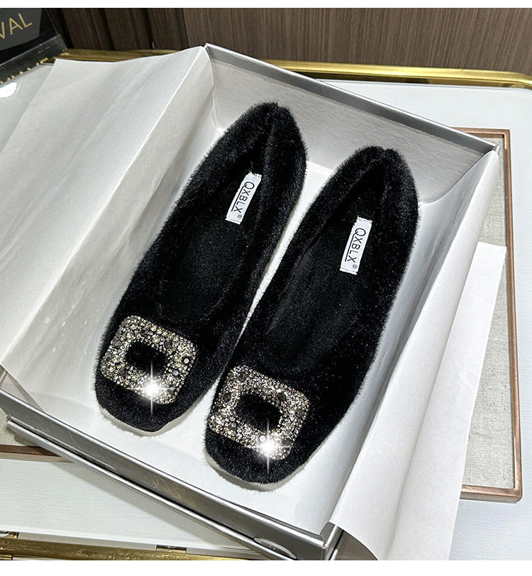 Nouvelles chaussures d'hiver fourrées pour femmes (2025) – Style coréen, bout carré, doublure en polaire et détails en strass, chaussures en coton pour femmes