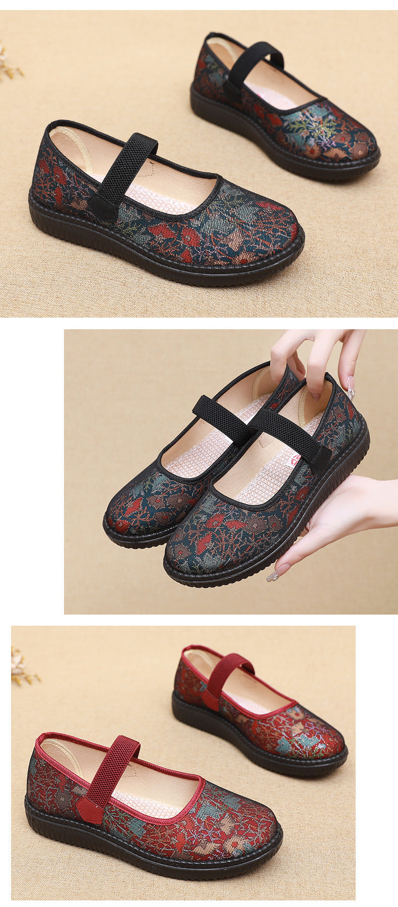 Chaussures en tissu « Vieux Pékin » pour femme : confort et sécurité avec semelles souples antidérapantes – Idéales pour les femmes d'âge mûr et les seniors