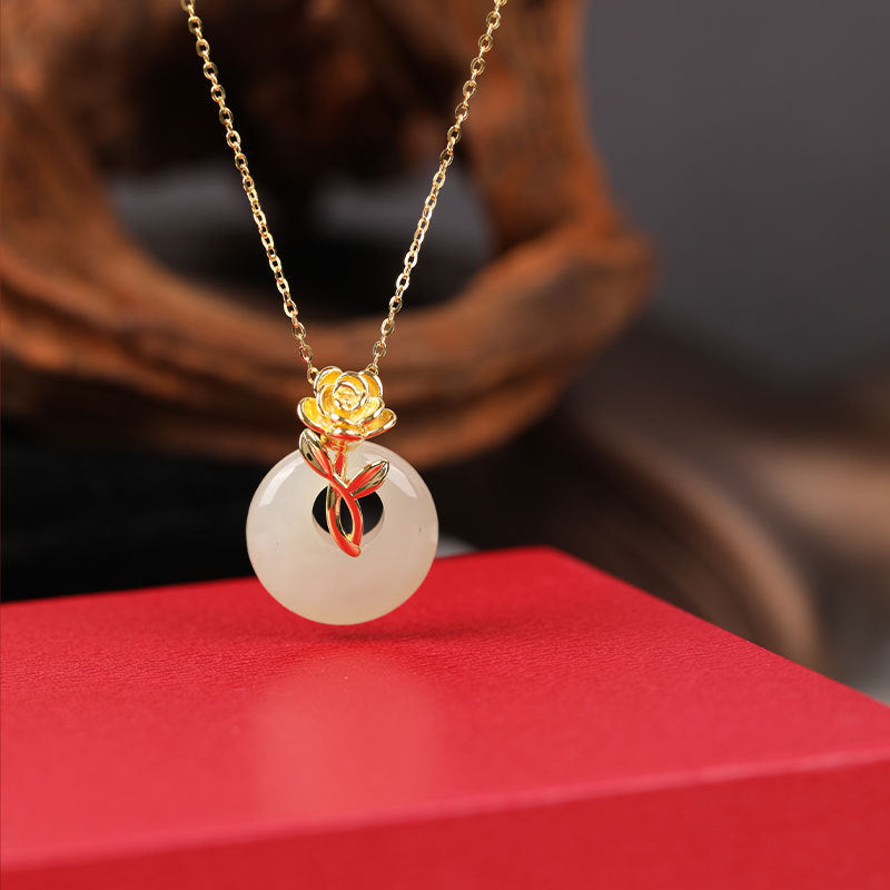 Classic S925 Sterling Silver Necklace for Women, New Chinoiserie Rose and Field Jade Pendant, Simple Accessible Luxury Niche Accessories