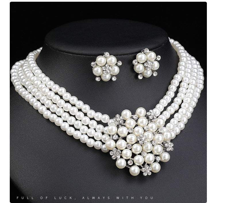 Cross-border Jewelry suit Women's Multi-row Pearl Necklace Earrings Three-piece Bridal Wedding Dress Accessories All-match Factory