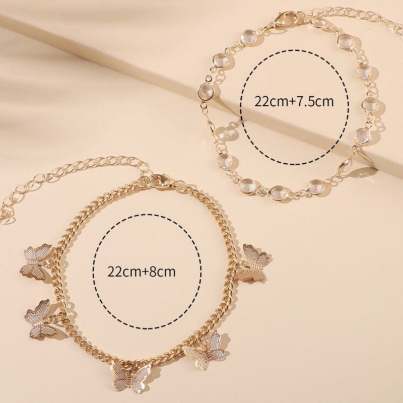 Bijou tendance style européen/américain – Bracelet de cheville double rang avec pendentif papillon en strass – Bijou de pied élégant et simple