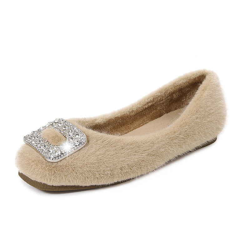 Nouvelles chaussures d'hiver fourrées pour femmes (2025) – Style coréen, bout carré, doublure en polaire et détails en strass, chaussures en coton pour femmes