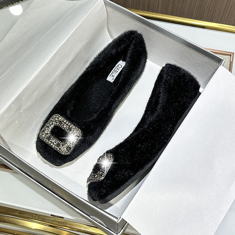 Nouvelles chaussures d'hiver fourrées pour femmes (2025) – Style coréen, bout carré, doublure en polaire et détails en strass, chaussures en coton pour femmes