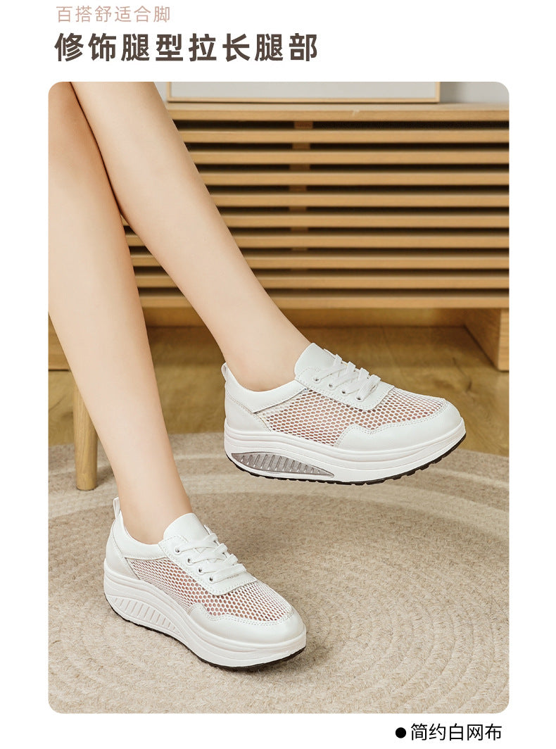 Baskets blanches populaires pour femme : modèle « rocking » (semelle incurvée) respirant – Idéales pour le sport et la marche (printemps/automne) – Semelles épaisses
