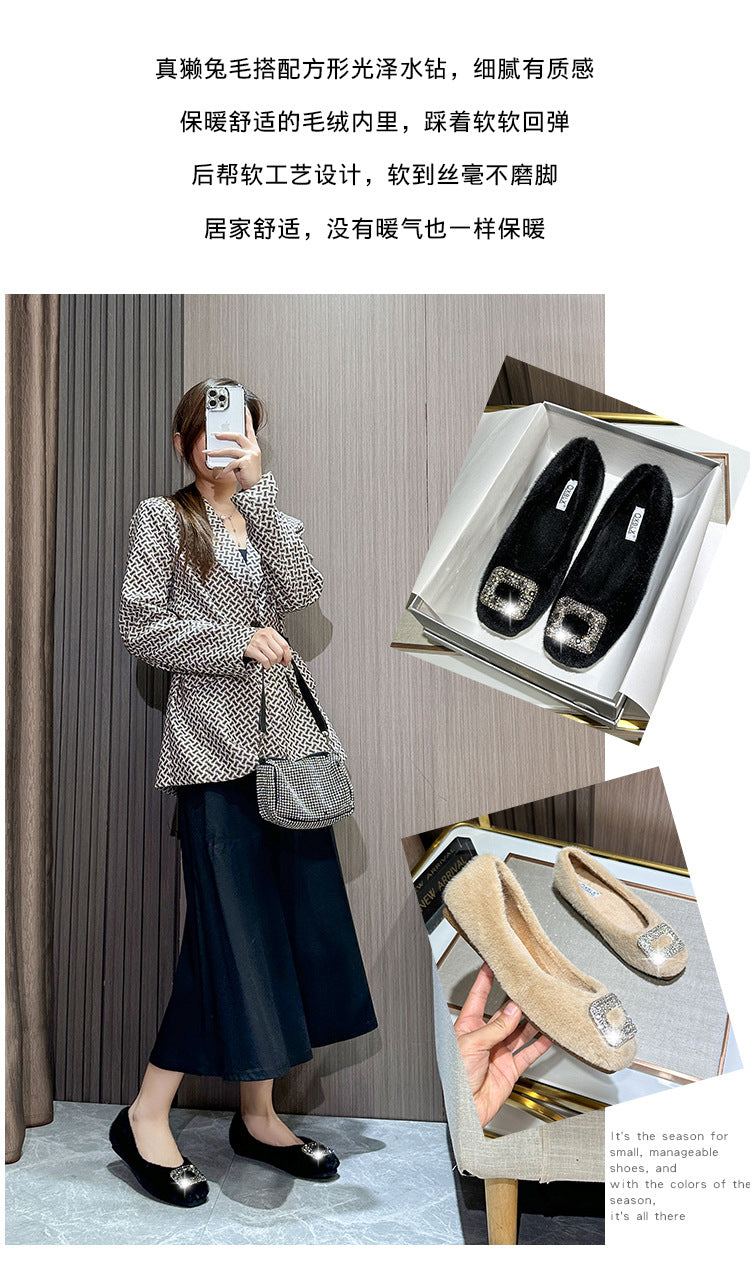 Nouvelles chaussures d'hiver fourrées pour femmes (2025) – Style coréen, bout carré, doublure en polaire et détails en strass, chaussures en coton pour femmes