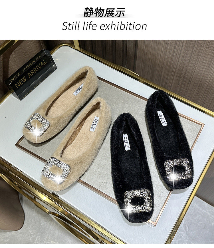 Nouvelles chaussures d'hiver fourrées pour femmes (2025) – Style coréen, bout carré, doublure en polaire et détails en strass, chaussures en coton pour femmes
