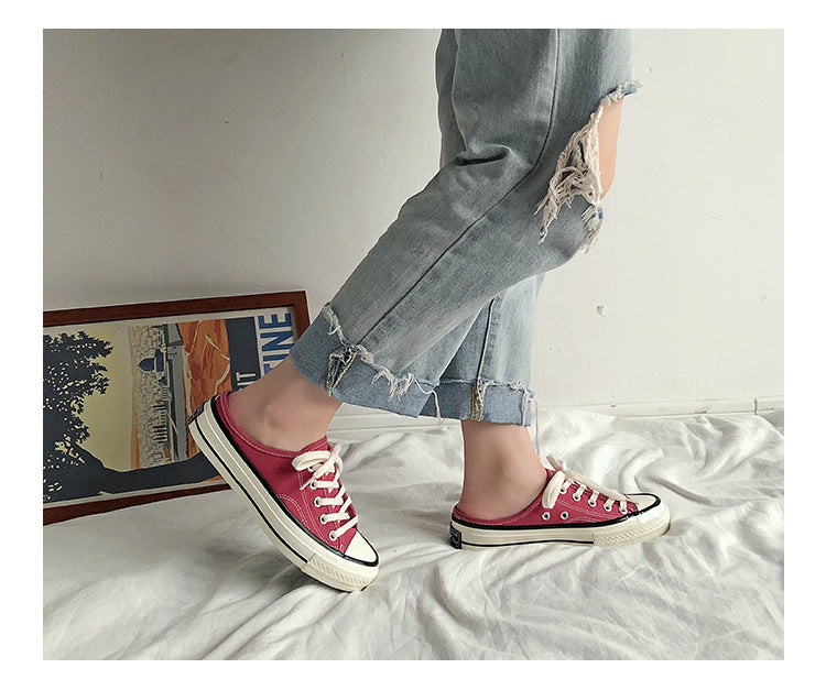 Mules en toile pour femme – Style coréen polyvalent 2025 – Slip-on sans talon façon « chaussons » tendance pour étudiantes