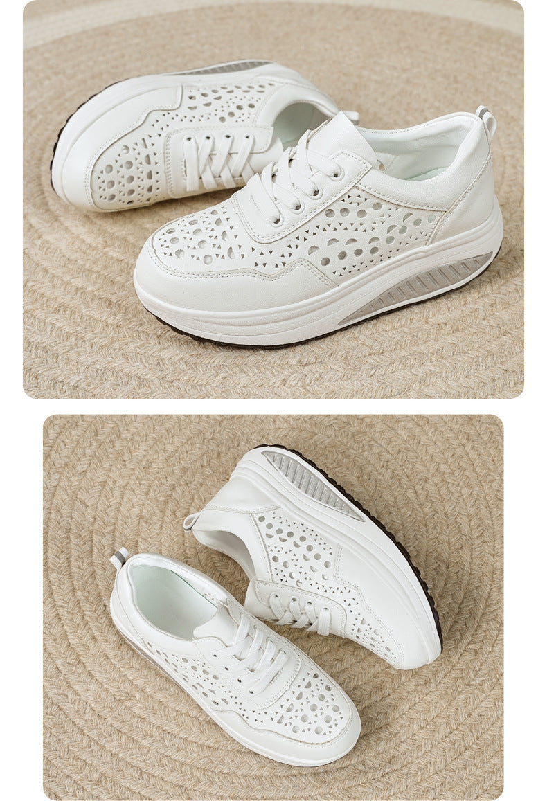 Baskets blanches populaires pour femme : modèle « rocking » (semelle incurvée) respirant – Idéales pour le sport et la marche (printemps/automne) – Semelles épaisses