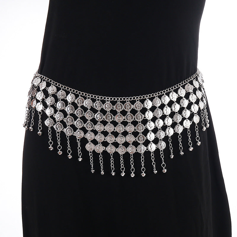 Chaîne de taille bohème avec pendentifs clochettes – Ceinture rétro style ethnique avec portrait – Accessoire vintage original et polyvalent