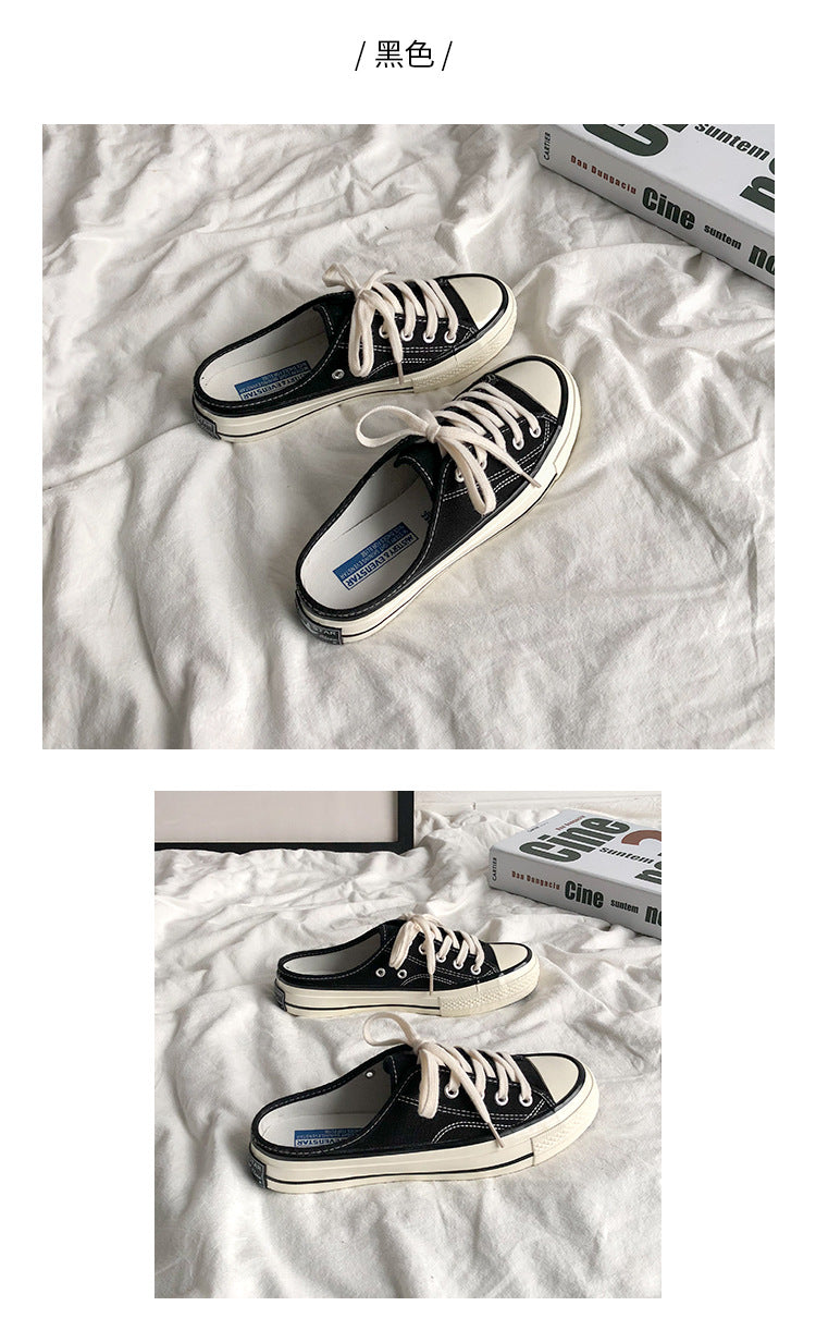 Mules en toile pour femme – Style coréen polyvalent 2025 – Slip-on sans talon façon « chaussons » tendance pour étudiantes
