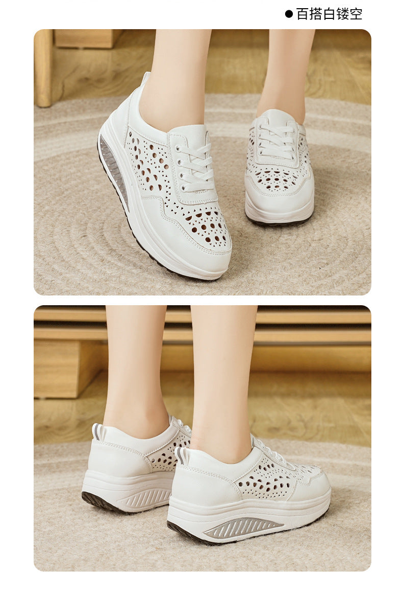 Baskets blanches populaires pour femme : modèle « rocking » (semelle incurvée) respirant – Idéales pour le sport et la marche (printemps/automne) – Semelles épaisses