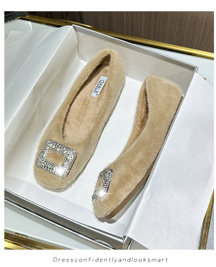 Nouvelles chaussures d'hiver fourrées pour femmes (2025) – Style coréen, bout carré, doublure en polaire et détails en strass, chaussures en coton pour femmes
