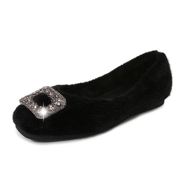 Nouvelles chaussures d'hiver fourrées pour femmes (2025) – Style coréen, bout carré, doublure en polaire et détails en strass, chaussures en coton pour femmes