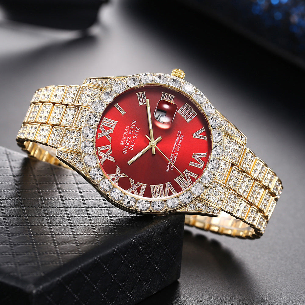 [Bross-Border Hot Item] 16-Piece Set of Various Diamond-Encrusted Watches, Diamond-Shaped Cuban Bracelets and Necklaces, Three-Piece Set