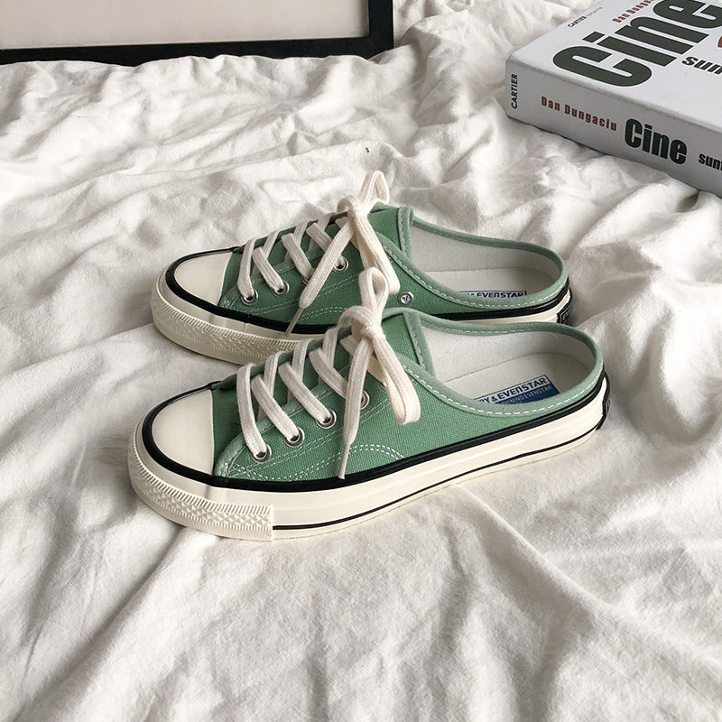 Mules en toile pour femme – Style coréen polyvalent 2025 – Slip-on sans talon façon « chaussons » tendance pour étudiantes