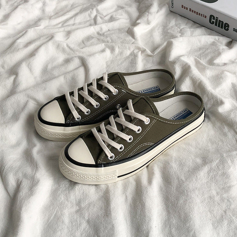 Mules en toile pour femme – Style coréen polyvalent 2025 – Slip-on sans talon façon « chaussons » tendance pour étudiantes