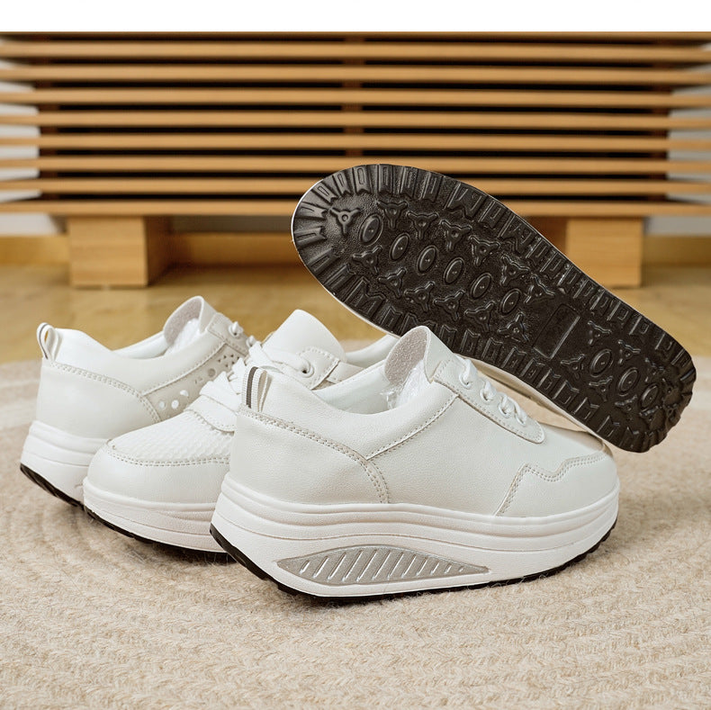 Baskets blanches populaires pour femme : modèle « rocking » (semelle incurvée) respirant – Idéales pour le sport et la marche (printemps/automne) – Semelles épaisses