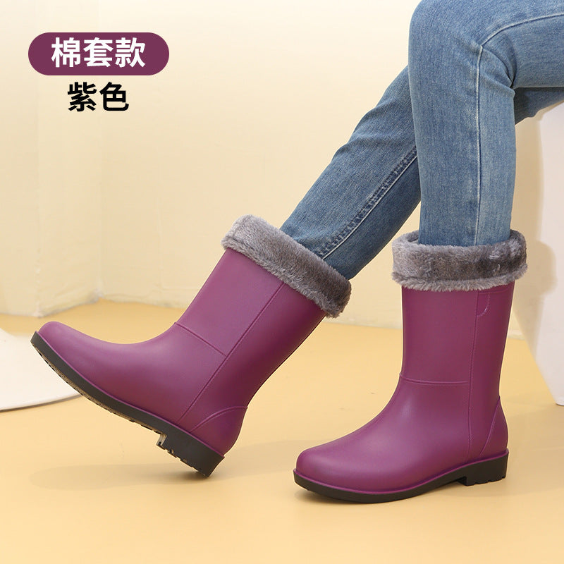 Bottes de pluie tendance pour femmes, hauteur mi-mollet, doublées de velours, antidérapantes et imperméables