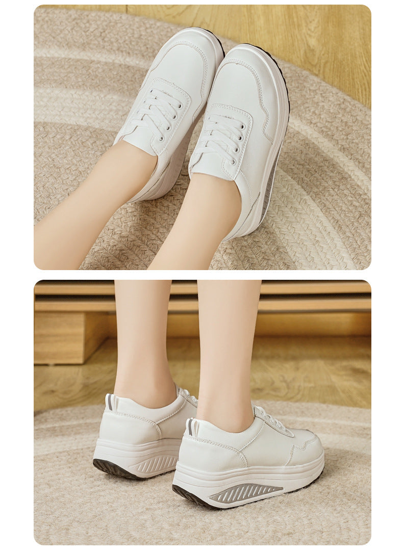 Baskets blanches populaires pour femme : modèle « rocking » (semelle incurvée) respirant – Idéales pour le sport et la marche (printemps/automne) – Semelles épaisses