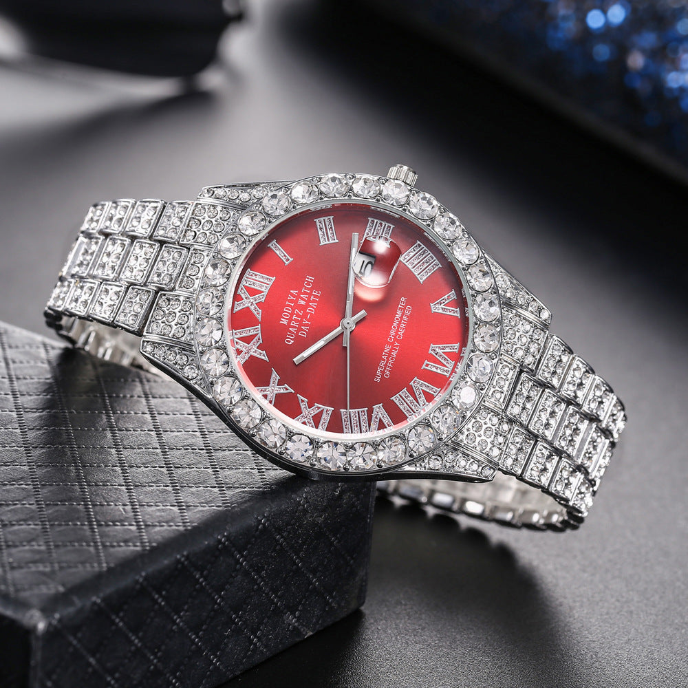 [Bross-Border Hot Item] 16-Piece Set of Various Diamond-Encrusted Watches, Diamond-Shaped Cuban Bracelets and Necklaces, Three-Piece Set