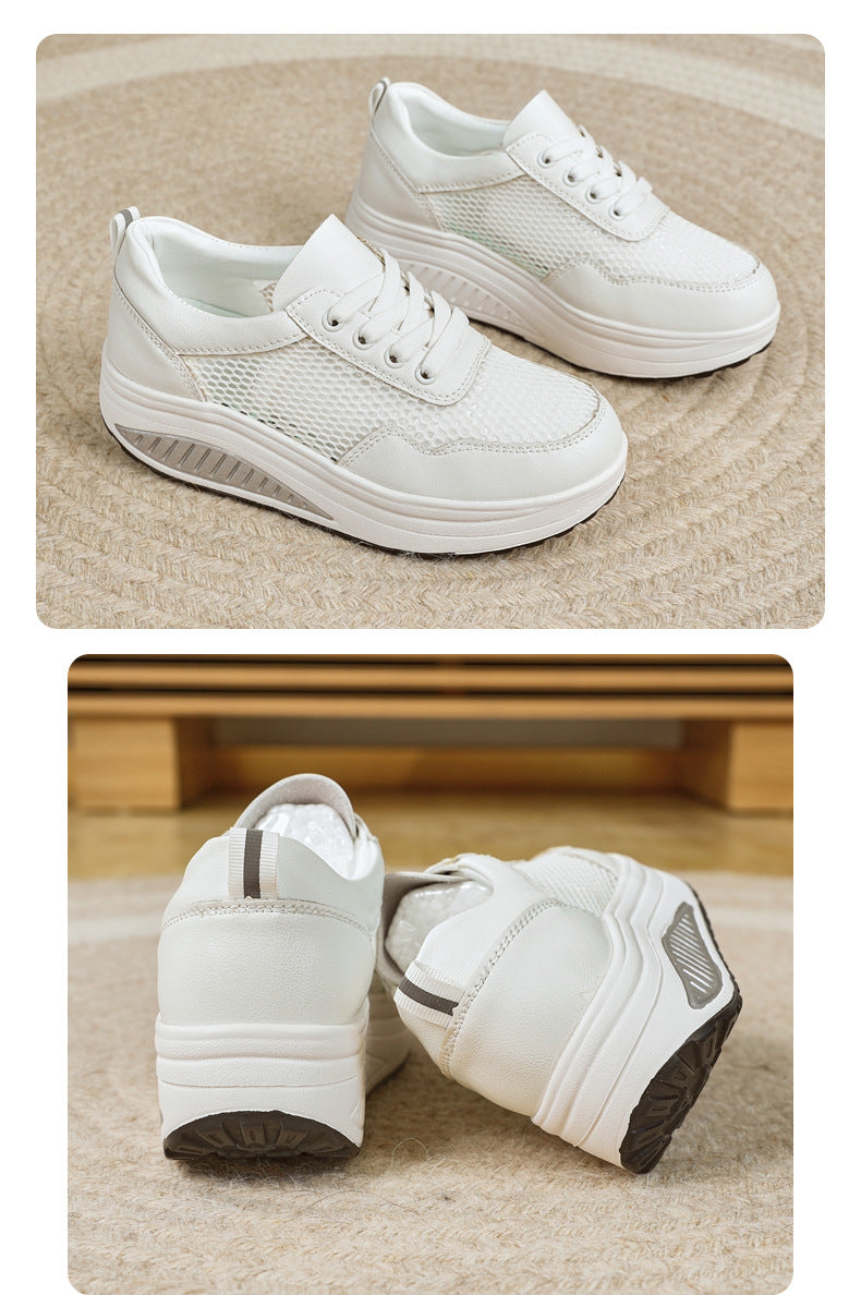 Baskets blanches populaires pour femme : modèle « rocking » (semelle incurvée) respirant – Idéales pour le sport et la marche (printemps/automne) – Semelles épaisses